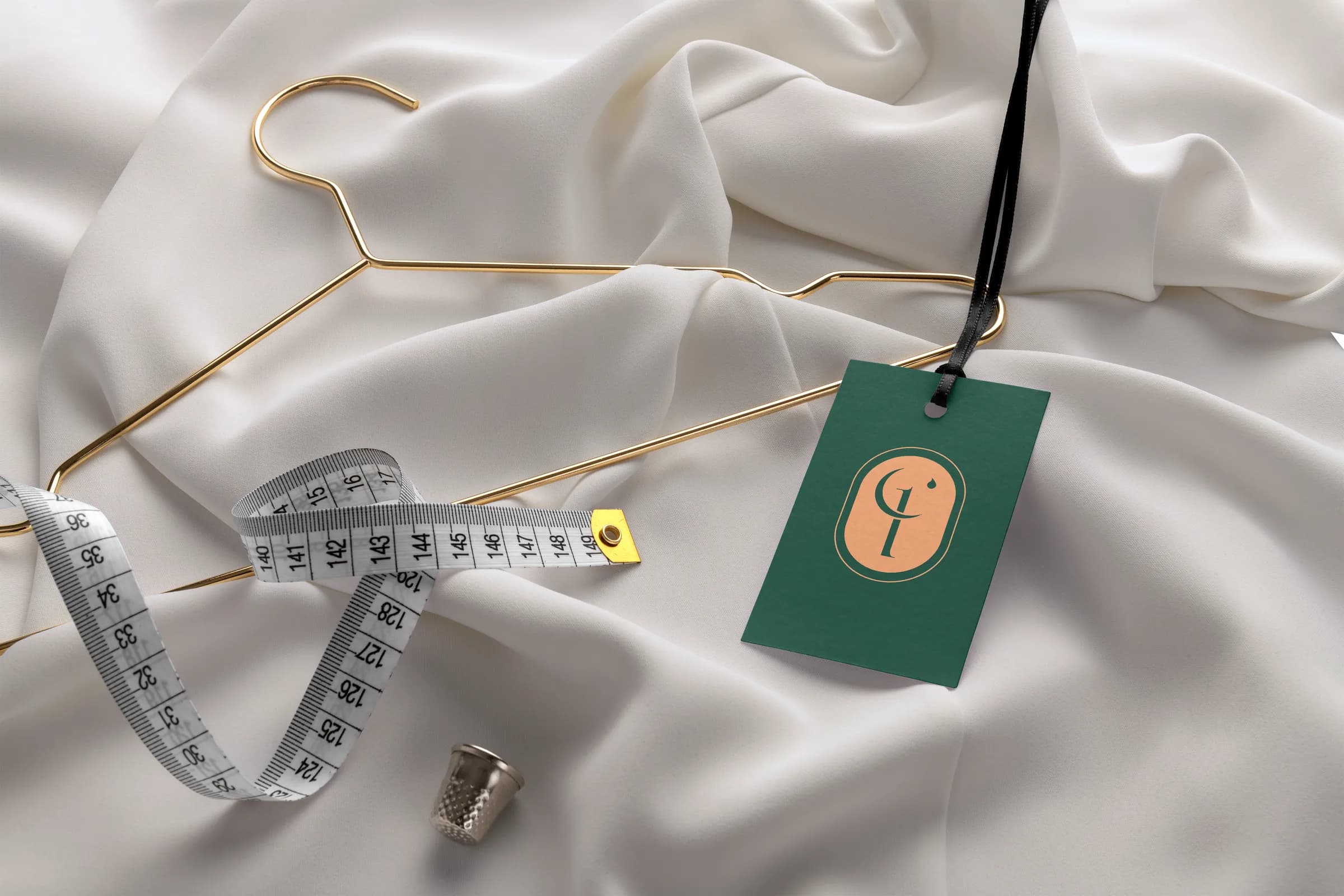 Clotho Liners hang tag on fabric with a tape measure