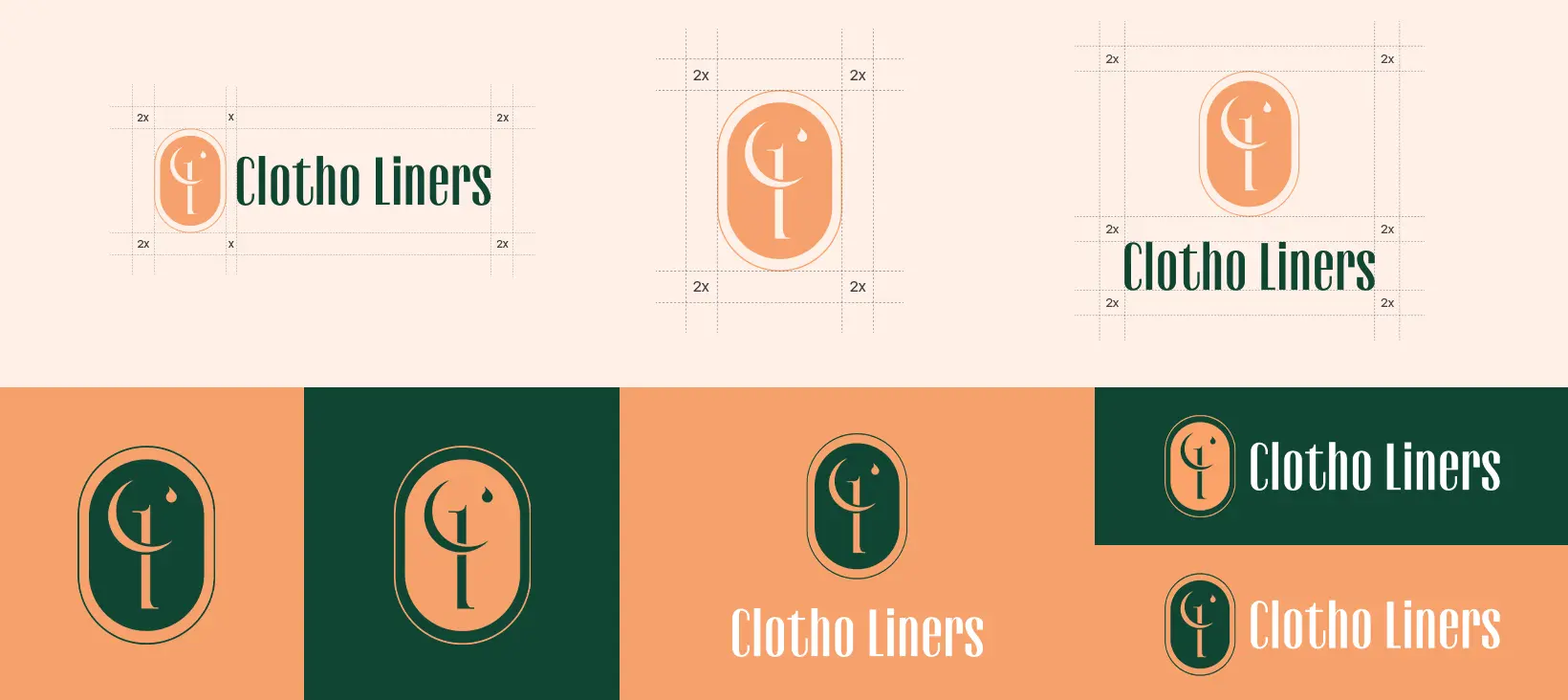 Clotho Liners logo lockups on cream, orange and green