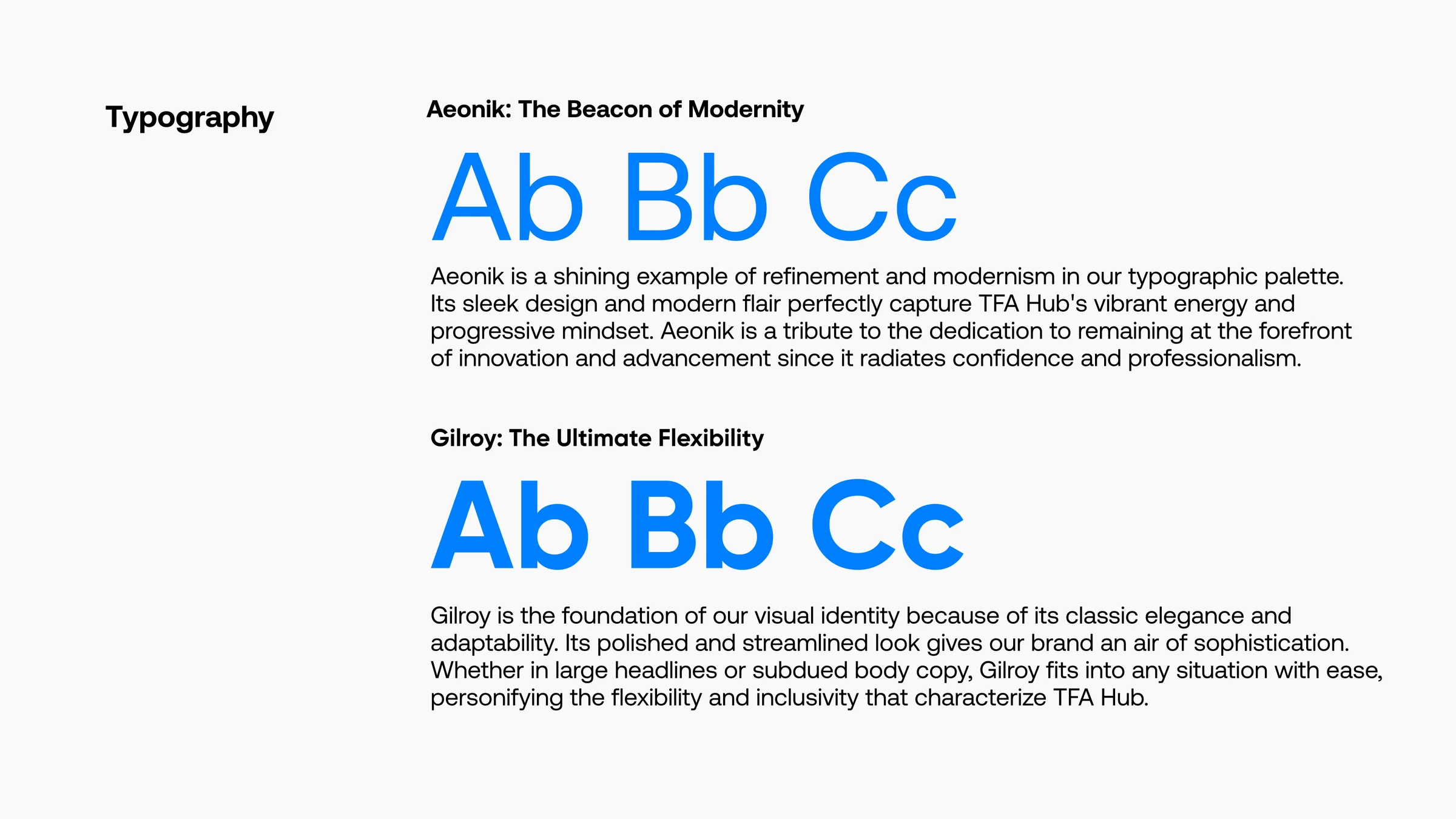 TFA Hub typography: Aeonik and Gilroy